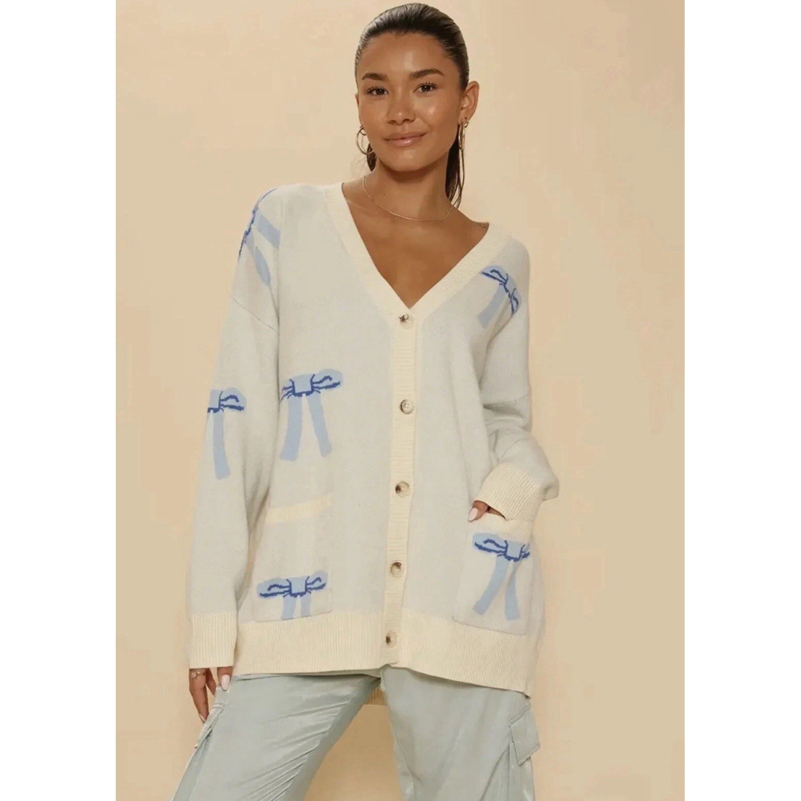 Miss Sparkling Light Blue Bow Cream Cardigan Size Xl Oversized Y2k Pretty